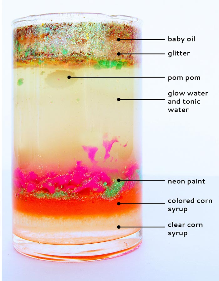 Spooky science project for kids: Make a glowing Magic Potion Density Tower and explore the density of different liquids.