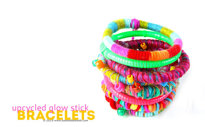 Instead of throwing used glow sticks in the trash upcycle them into fancy diy bracelets; no one will ever guess there is an old glow stick underneath!